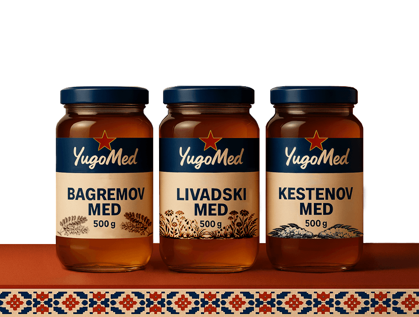 Lineup of Yugomed honey jars