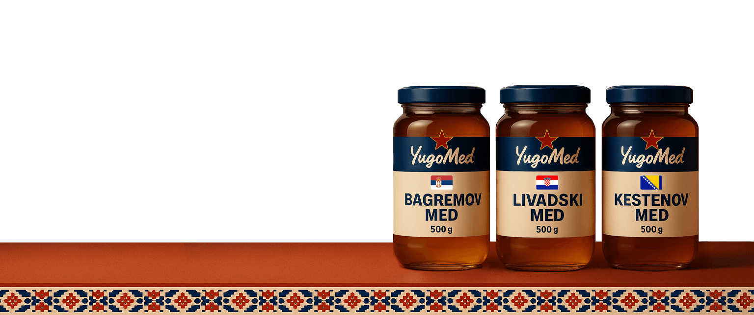 Lineup of Yugomed honey jars